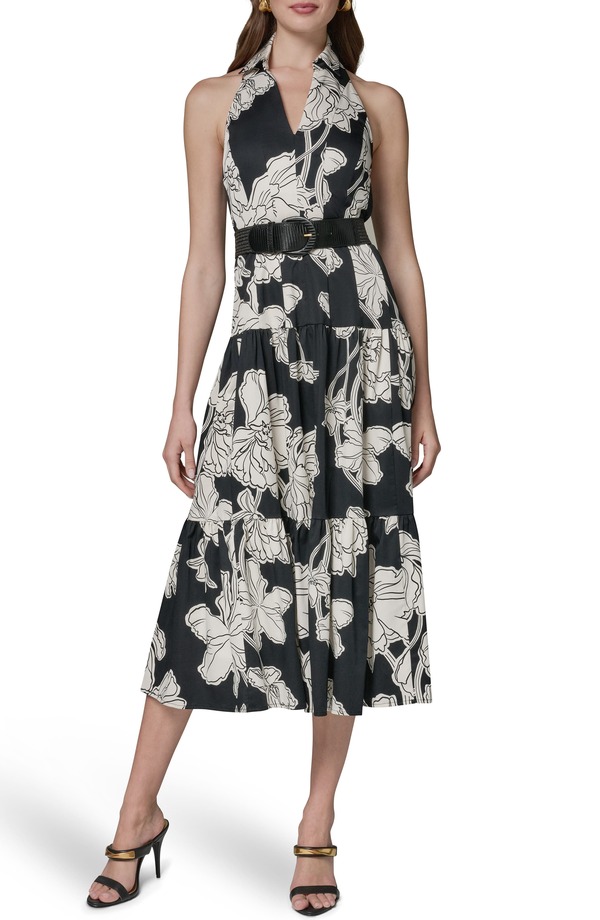ダナ キャラン ニューヨーク レディース トップス ワンピース フラワー柄 プリント ミディ フラワー ホルター Donna Karanew York Floral Print Halter Midi Dress Black Cream クリーム｜ReVida 店