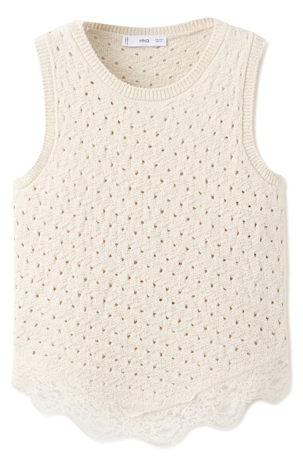 マンゴ レディース アウター パーカー・スウェット レーストリム セーター ノースリーブ レース MANGO Galace Trim Sleeveless Pointelle Sweater Light Beige ベージュ|ReVida 店