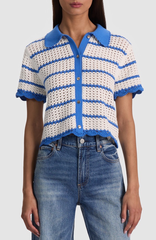 アリス アンド オリビア レディース アウター パーカー・スウェット コットン カーディガン Alice + Olivia Randall Open Stitch Cotton Blend Cardigan Blue Iris/ White ホワイト｜ReVida 店