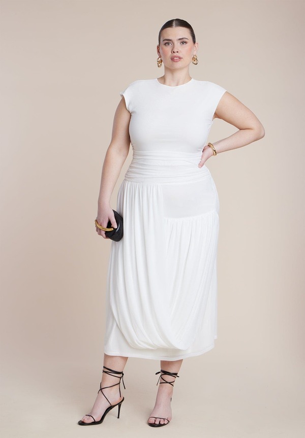 エロクイ レディース トップス 衣装 ドレープ メッシュ ELOQUII Drape Detail Fitted Mesh Dress Jet Stream