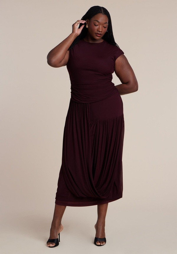 エロクイ レディース トップス 衣装 ドレープ メッシュ ELOQUII Drape Detail Fitted Mesh Dress Wine Tasting ぶどう酒