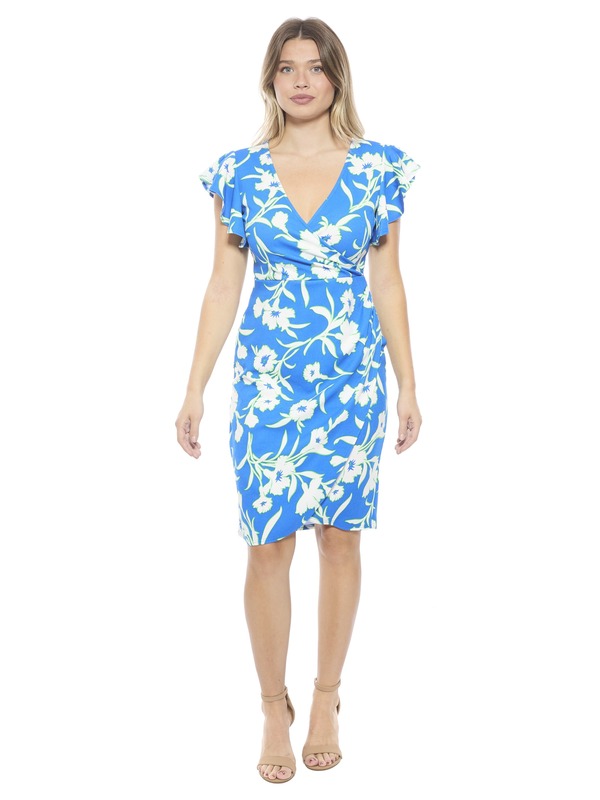 24 セブンコンフォート レディース トップス ワンピース ひざ丈 フラワー柄 フラワー 24seven Comfort Apparel Womens Essential Floral Flutter Sleeve Faux Wrap Knee Length Dress Blue Multi ブルー|ReVida 店