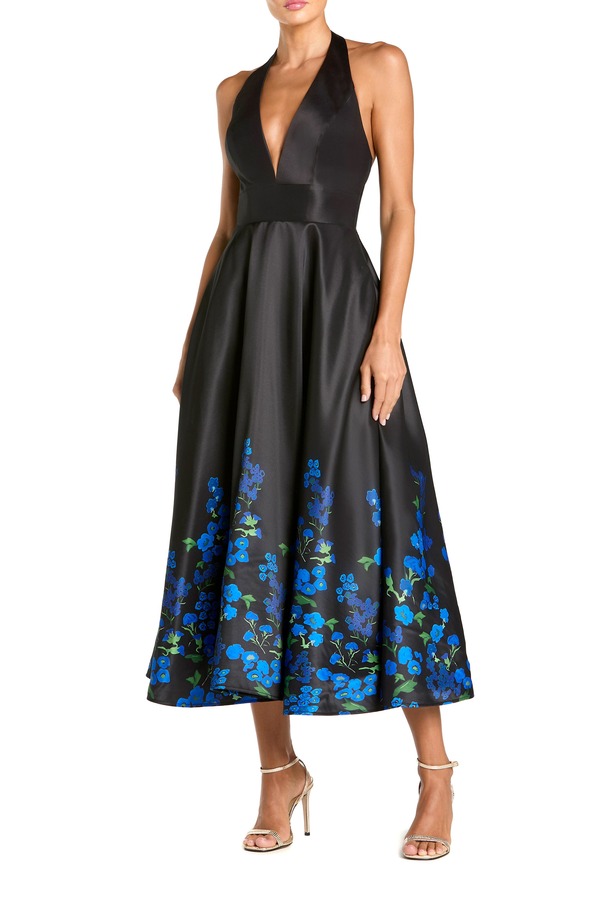 マックダガル レディース トップス 衣装 御花柄 刷り上げる MIDI 繻子 御花 ホルター Mac Duggal Halter Neck Floral Printed Satin Midi Dress Black Multi 黒いこと