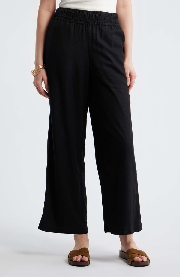 トレジャーアンドボンズ レディース ボトムス レギンス ワイドレッグ ズボン下 シャーリング リネン Treasure \u0026 Bond Linen Blend Smocked Waist Wide Leg Pants Black 黒いこと