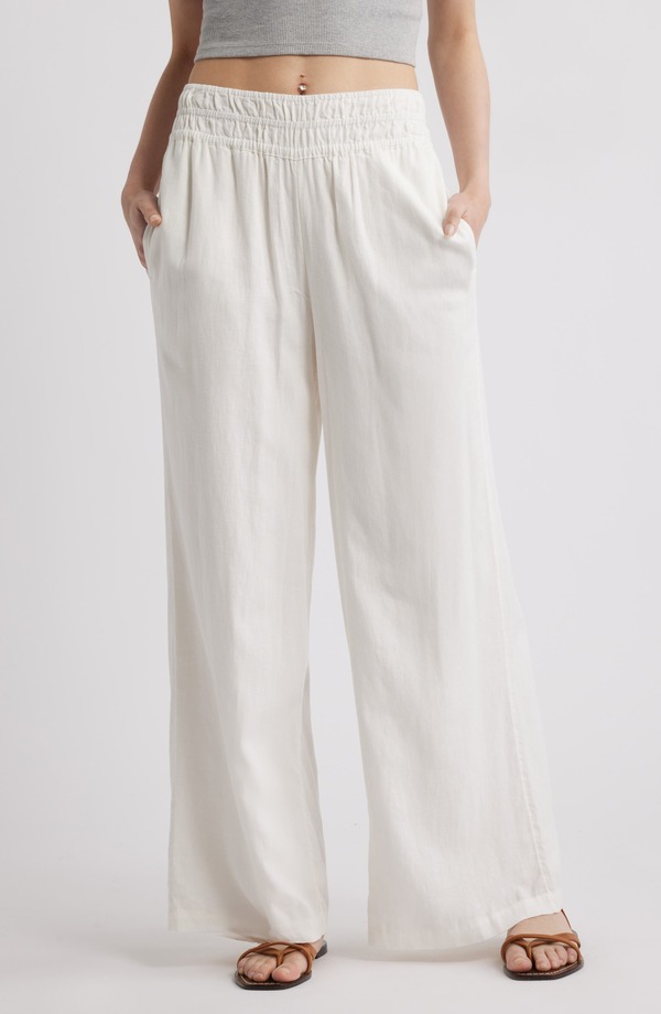 トレジャーアンドボンズ レディース ボトムス レギンス ワイドレッグ ズボン下 シャーリング リネン Treasure \u0026 Bond Linen Blend Smocked Waist Wide Leg Pants Ivory Egret 象牙色