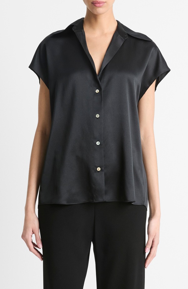 ヴィンス レディース トップス プルオーバー 地絹 旗がしら Vince Cap Sleeve Gathered Back Short Sleeve Silk Button-Up Shirt Black 黒いこと