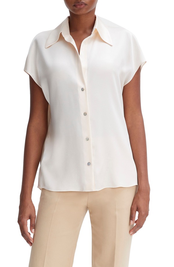 ヴィンス レディース トップス プルオーバー 地絹 旗がしら Vince Cap Sleeve Gathered Back Short Sleeve Silk Button-Up Shirt Chiffon