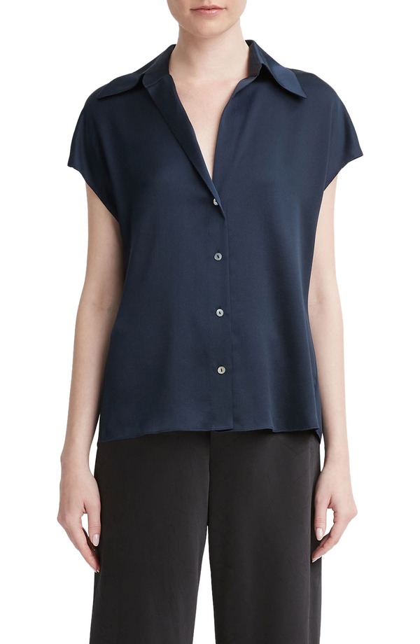ヴィンス レディース トップス プルオーバー 地絹 旗がしら Vince Cap Sleeve Gathered Back Short Sleeve Silk Button-Up Shirt Coastal