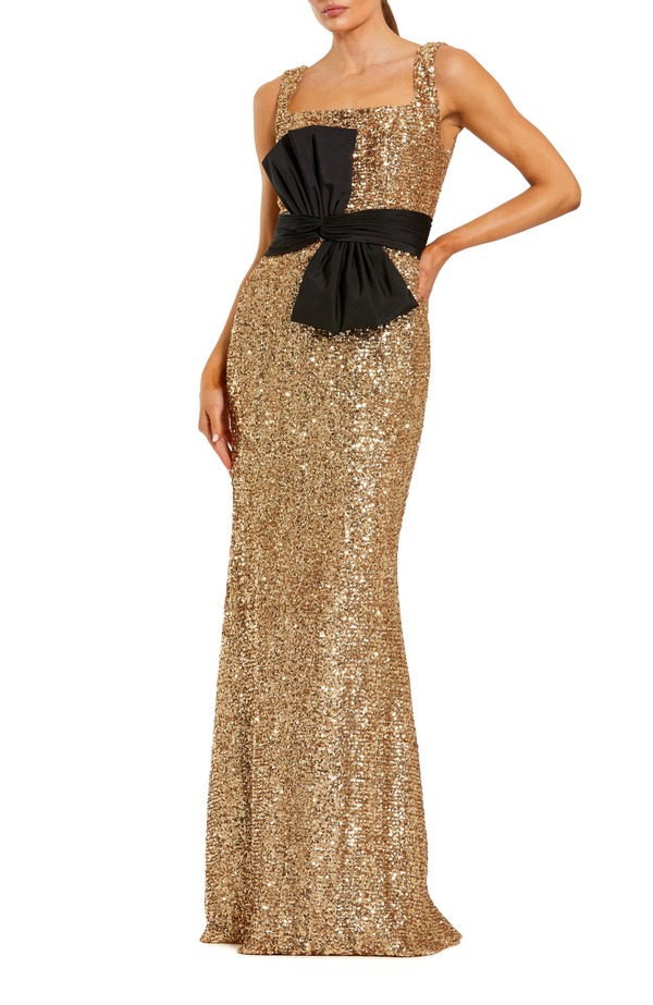 マックダガル レディース トップス ワンピースパンコール Mac Duggal Sequin Scoop Neck Column Gown With Faille Bow Black Gold 黒いこと