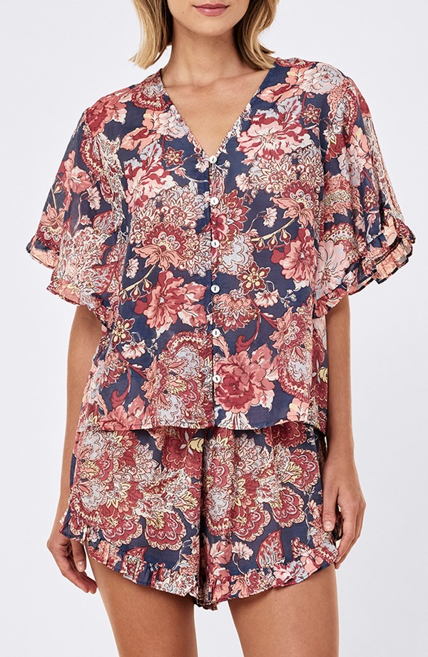 パピネール レディース アンダー御召しもの ナイト爵御召しもの 地絹 綿織物 Papinellella Frill Cotton \u0026 Silk Short Pajamas Blue Indigo インディゴ