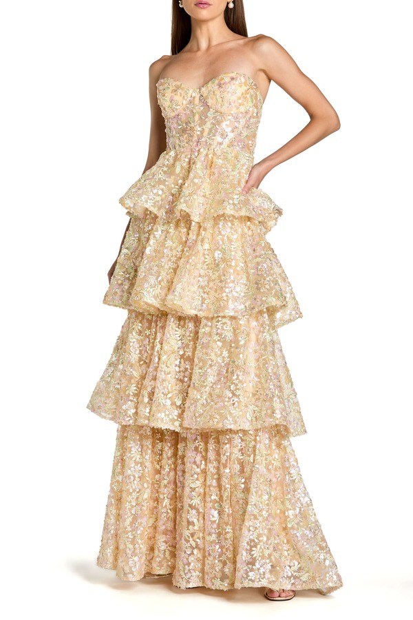 マックダガル レディース トップス 衣裳 ティアード フラウンス ストラップレス Mac Duggal Straplessweetheart Neck Tiered Ruffle Gownude Multi マルチ色合い