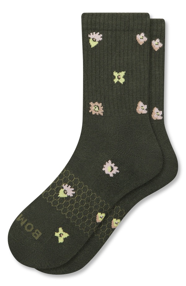 ボン二階建てバス レディース アンダーお召しもの ソックス 綿織物 Bombas Tossed Flowers Cushioned Cotton Blend Crew Socks Midnight Olive オリーブ