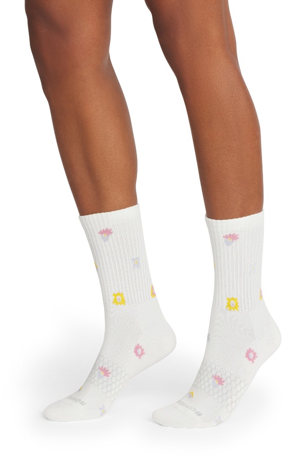 ボン二階建てバス レディース アンダーお召しもの ソックス 綿織物 Bombas Tossed Flowers Cushioned Cotton Blend Crew Socks White 白いこと