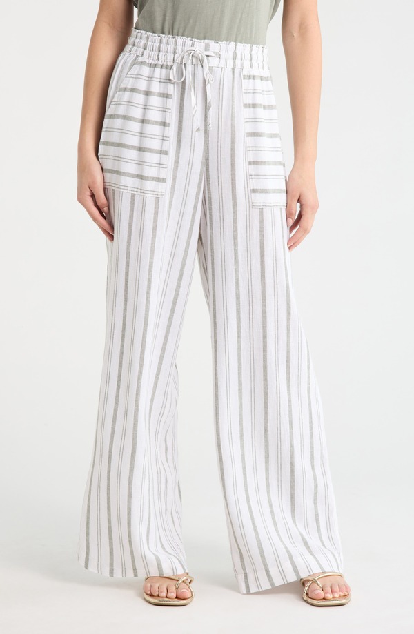 スプレンディット レディース ボトムス レギンス ズボン下 リネン Splendid Stella Stripe Linen Blend Paperbag Pants Eucalyptus Green/ White 白いこと