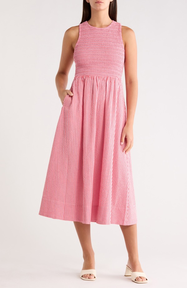米国海兵隊員 度合い レディース トップス 衣裳 MIDI シャーリング Marine Layer Darcy Stripe Smocked Seersucker Midi Dress Pink Stripe サクラ色