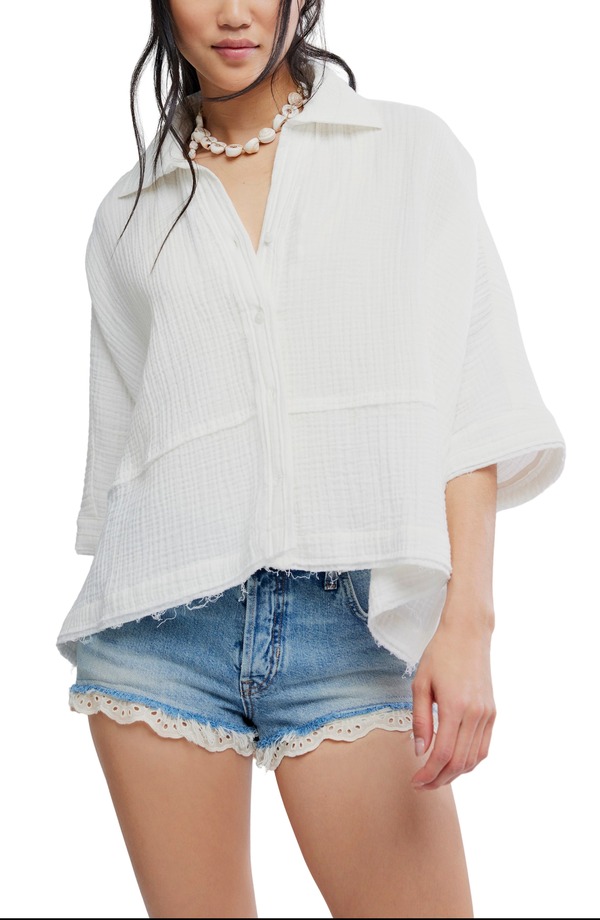 フリーピープル レディース トップス シャツ コットン Free People Happy Days Oversized Cotton Gauze Button-Up Top Clean Ivory アイボリー|ReVida 店