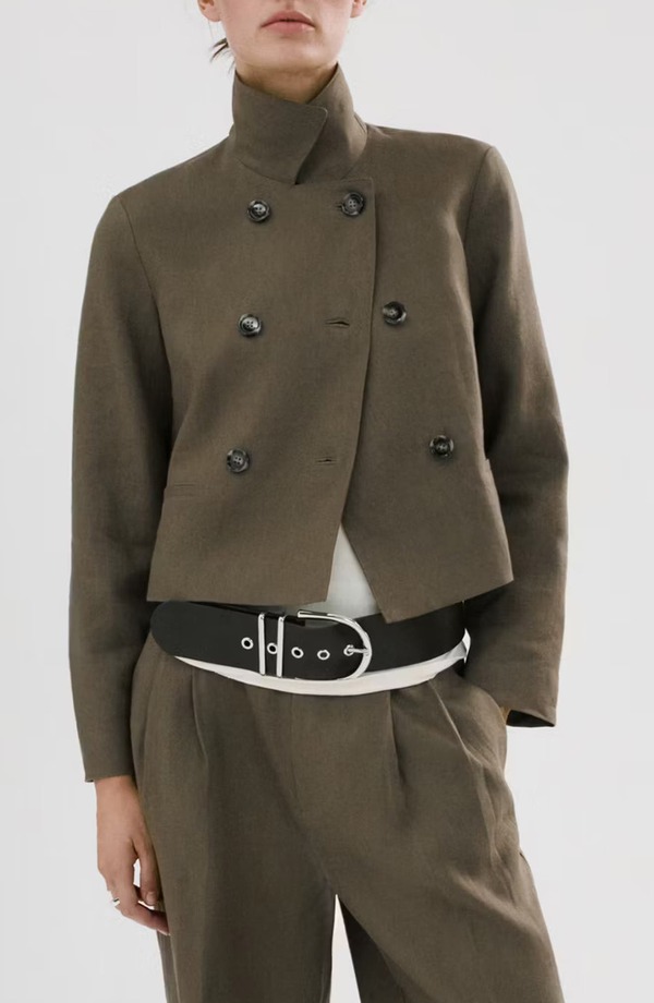 マンゴ レディース アウター 上衣・上衣 リネン MANGO Double Breasted Linen Jacket Khaki Green 緑であること