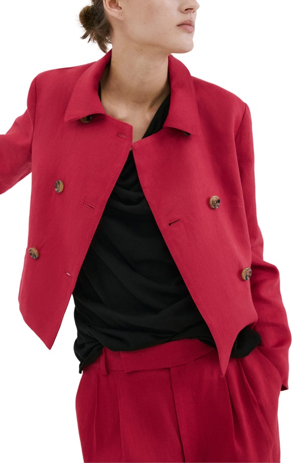 マンゴ レディース アウター 上衣・上衣 リネン MANGO Double Breasted Linen Jacket Red 赤いこと