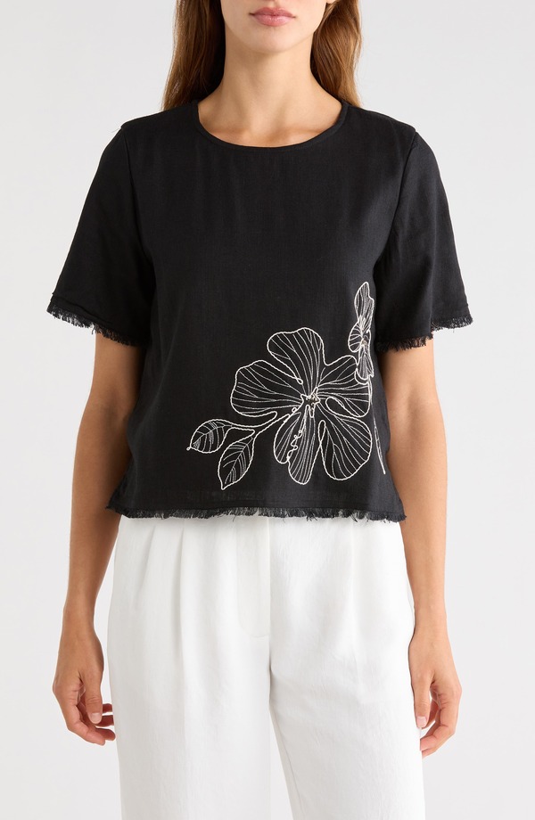 ヴィンスカムート レディース トップス シャツ フラワー柄 刺繍 フラワー Vince Camuto Floral Embroidered Short Sleeve Top Rich Black ブラック｜ReVida 店 14,686円