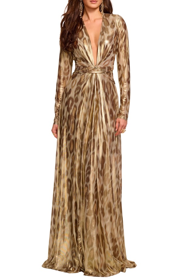 レイミー ブルック レディース トップス ワンピース プリントール Ramy Brook Martini Metallic Leopard Print Long Sleeve Gown Gold Animal ゴールド｜ReVida 店