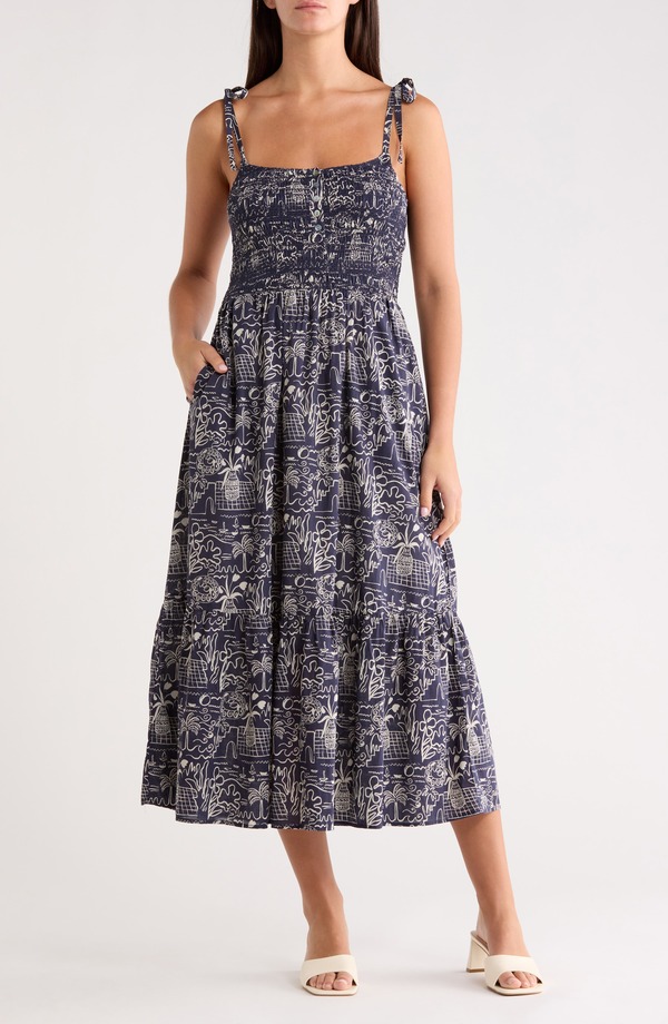 米国海兵隊員 度合い レディース トップス 衣裳 シャーリング 綿織物 Marine Layer Carmen Tie Strap Smocked Cotton Blend Sundress Flores Print