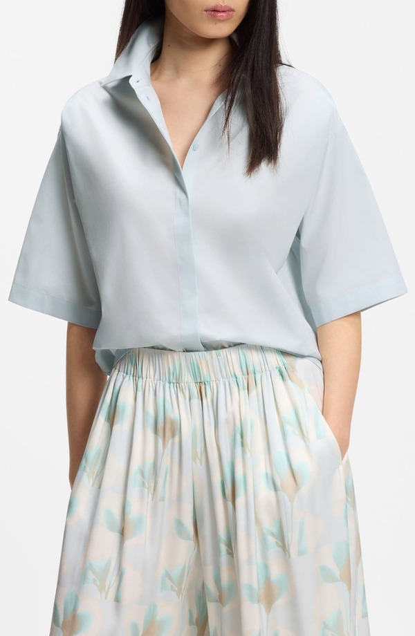 主任者 レディース トップス プルオーバー BOSS Bimina Crop Short Sleeve Button-Up Shirt Pale Lagoon