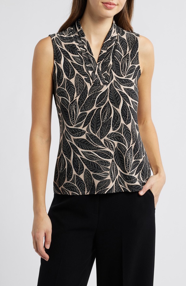アンクライン レディース トップス シャツ プリント ノースリーブ Anne Klein Leaf Print Sleeveless Top Anne Black/ Latte ブラック|ReVida 店