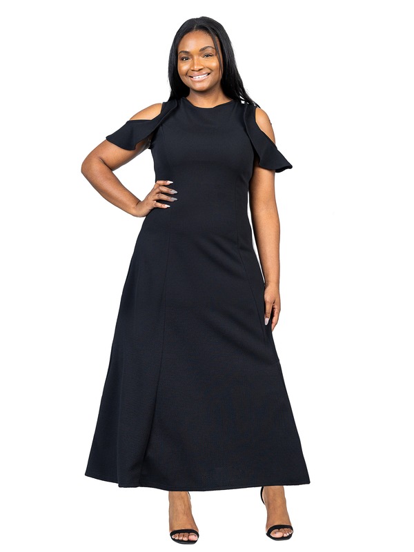 24 セブンコンフォート レディース トップス ワンピース A ライン フリル マキシ 24seven Comfort Apparel Ruffle Cold Shoulder A-Line Maxi Dress Black ブラック｜ReVida 店