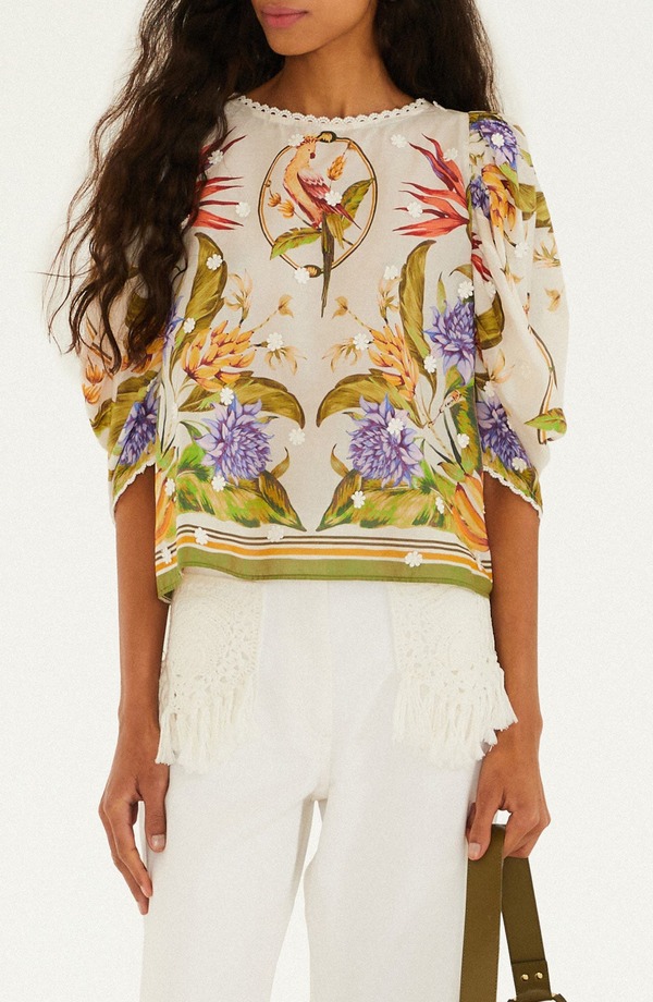 耕園 レディース トップス プルオーバー スピード競技刈り込み 刷り上げる スピード競技 FARM Rio Tropical Print Lace Trim Top Sand 沙子
