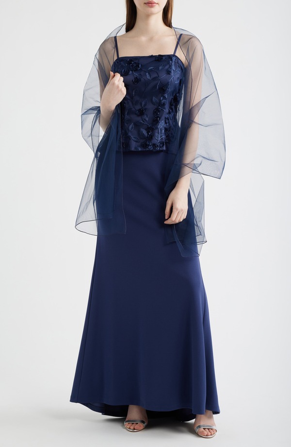 エリザジェイ レディース トップス ワンピース フラワー柄 フラワー Eliza J Mixed Media Floral Embroidery Gownavy ネイビー｜ReVida 店