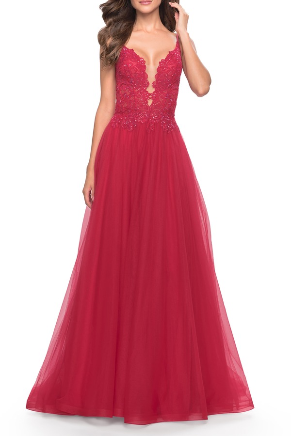 ラフェム レディース トップス ワンピース チュール A ライン レース La Femme Tulle A-Line Gown with Lace Rhinestone Bodice Red レッド|ReVida 店