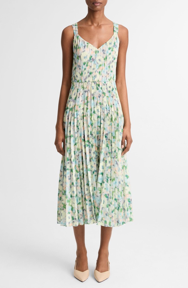 ヴィンス レディース トップス 衣装 Vのど首 筋目 Vince Painted Garden V-Neck Pleatedress Herb Petal