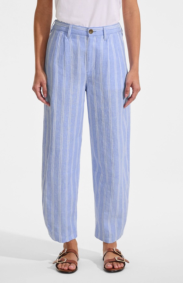 ランズ挙げ句の果て レディース ボトムス レギンス 筋目 ズボン下 リネン Lands\u0027 End Linen High Rise Pleated Barreleg Pants Clear Blue Sky Double Stripe 青色