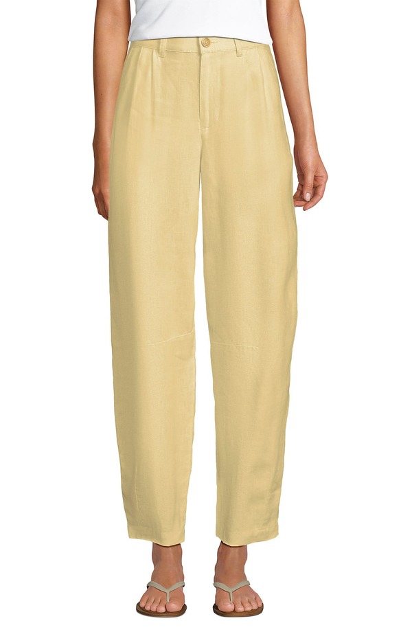 ランズ挙げ句の果て レディース ボトムス レギンス 筋目 ズボン下 リネン Lands\u0027 End Linen High Rise Pleated Barreleg Pants Pale Sunbeam Yellow 黄色