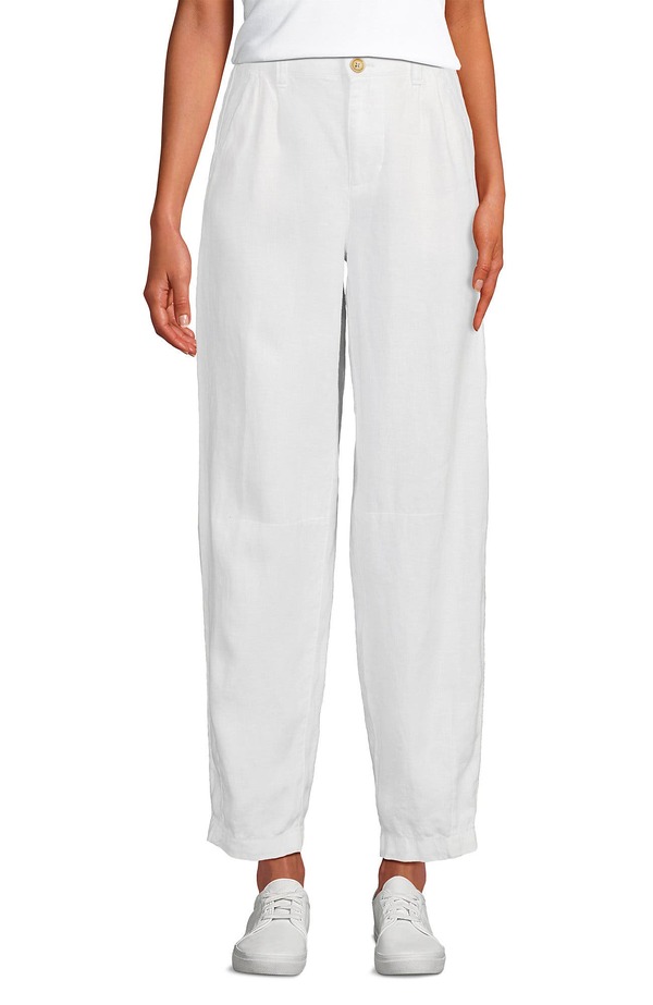 ランズ挙げ句の果て レディース ボトムス レギンス 筋目 ズボン下 リネン Lands\u0027 End Linen High Rise Pleated Barreleg Pants White 白いこと