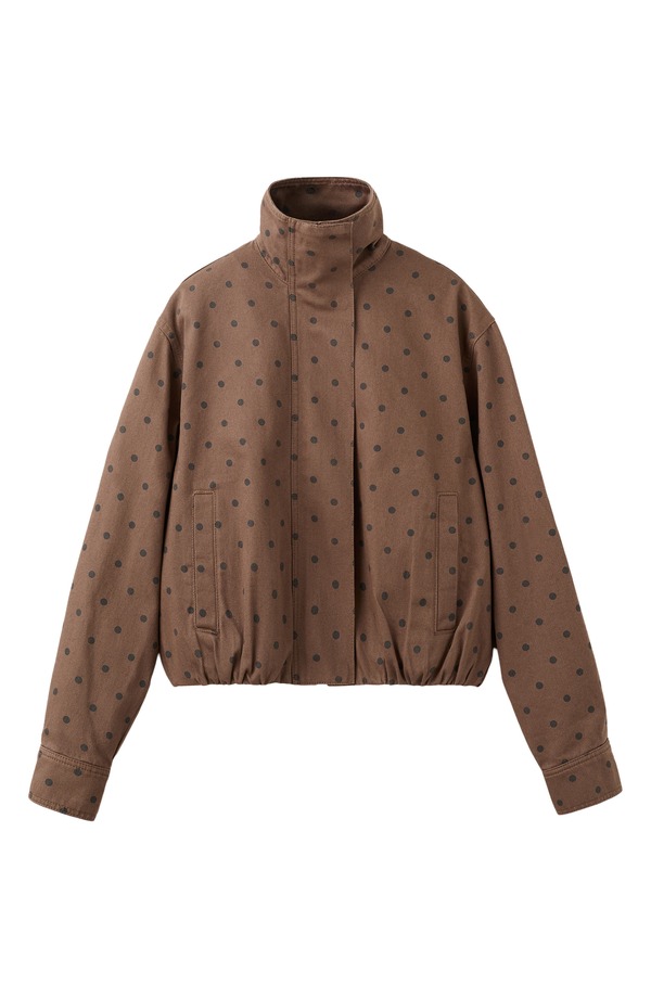 マンゴ レディース ボトムス ジーンズズボン下 刷り上げる 上衣 MANGO Cazadora Dot Print Denim Bomber Jacket Chocolate 黒茶