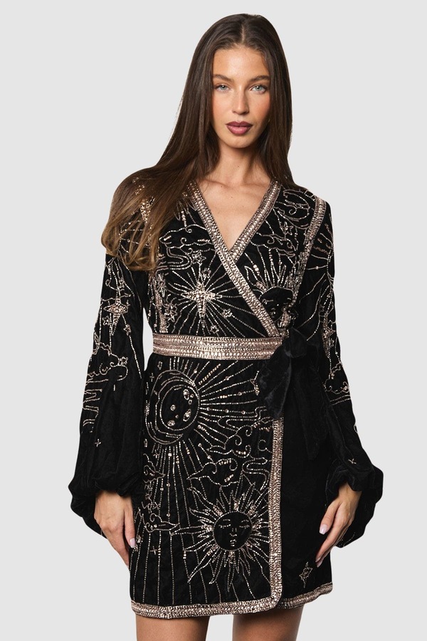 海岸地帯 レディース トップス 衣裳 ミニ 天鵞絨 スパンコール Coast Party Sequin Velvet Wrap Mini Dress Black 黒いこと