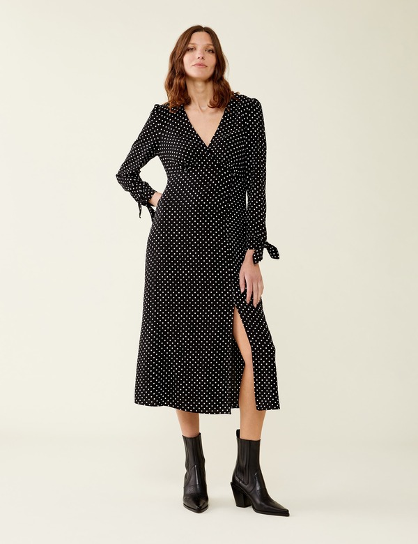 ファイナリー ロンドン レディース トップス ワンピース ドット柄 ドット ミディ Finery London Laine Polka Dot Spot Midi Dress Black Spot ブラック｜ReVida 店