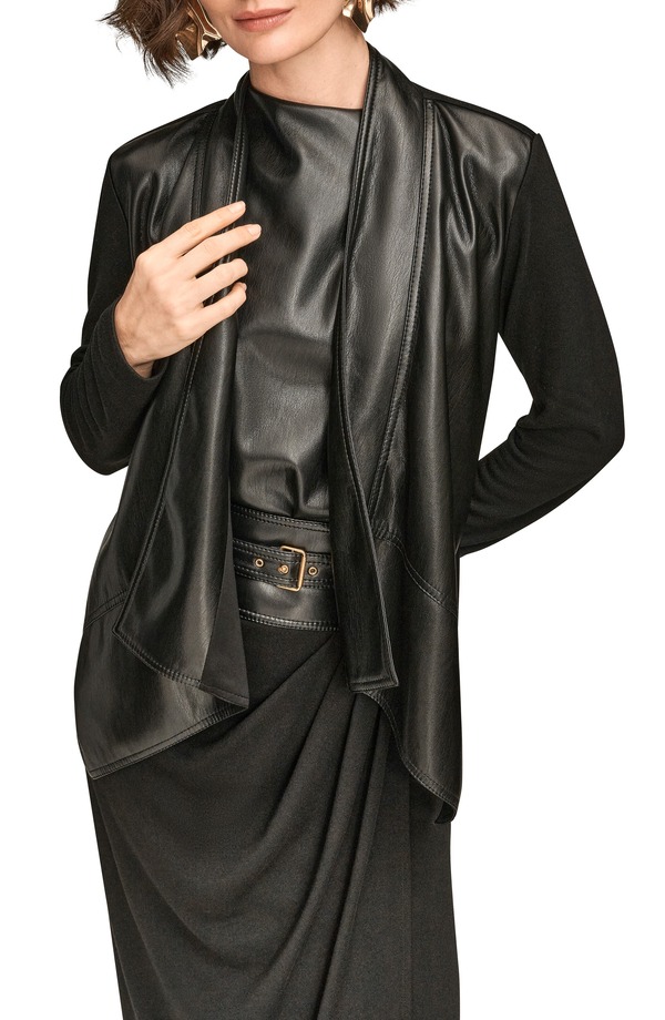ダナ キャラン ニューヨーク州 レディース アウター 上衣・上衣 なめし革 編み物 フェイクレザー Donna Karanew York Flyaway Faux Leather \u0026 Knit Jacket Black 黒いこと