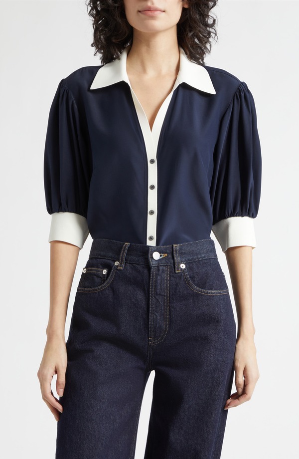 サンク セプト レディース トップス プルオーバー 地絹 Cinq Sept Weiley Silk Button-Up Shirt Navy/ Ivory 象牙色