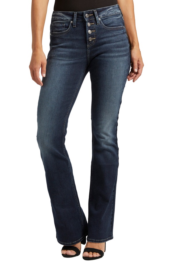 しろがね色 デニム レディース シューズ ブーツ・レインブーツカット Silver Jeans Co. Suki Exposed Button Mid Rise Bootcut Jeans Indigo インディゴ