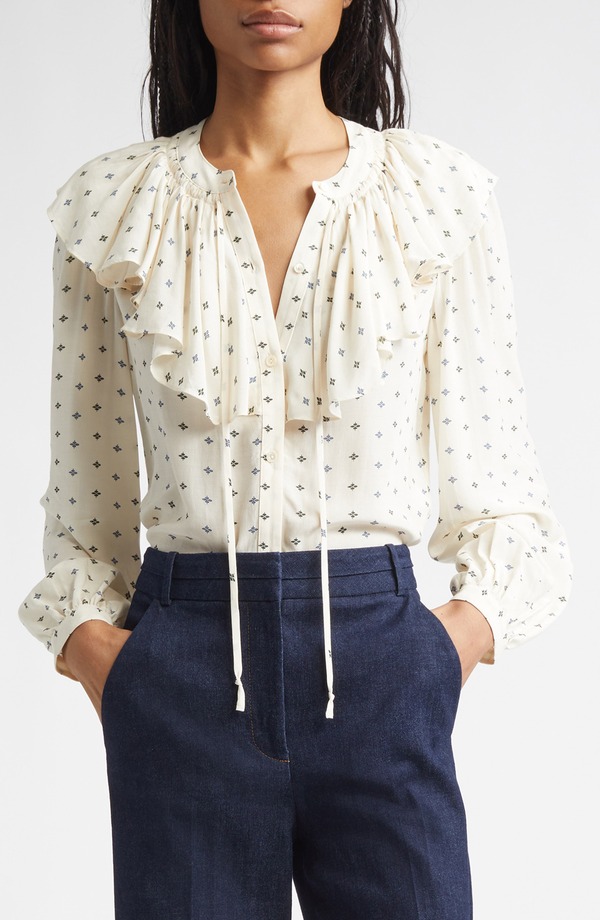 ヴェロニカ ベアード レディース トップス プルオーバー 刷り上げる フラウンス Veronica Beard Gomez Ruffle Print Shirt Ecru Multi エクリュ