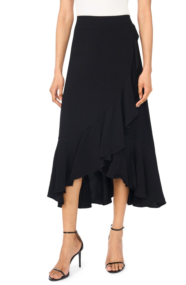 ヴィンスカムート レディース ボトムスカート フリル ミディ Vince Camuto Ruffle High-Low Midi Skirt Rich Black ブラック|ReVida 店