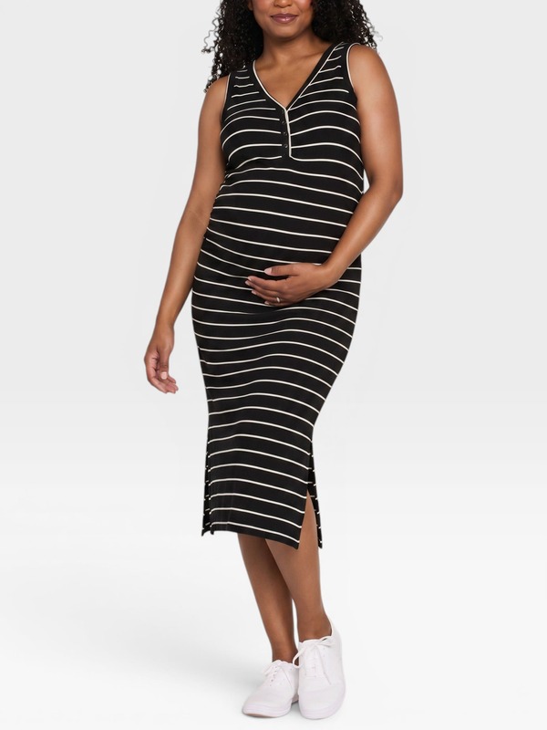 マザーフッドマタニティー レディース トップス 衣装 MIDI ノースリーブ MOTHERHOOD MATERNITY Sleeveless Henley Racerback Maternity Midi Dress Vanilla \u0026 Black Stripe 黒いこと
