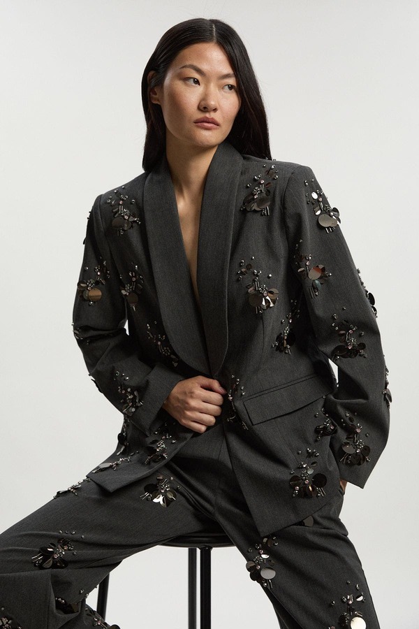 カレンミレン レディース アウター ジャケット・ブルゾン ブレザー Karen Millen Embellished Single-Breasted Blazer Grey グレー｜ReVida 店