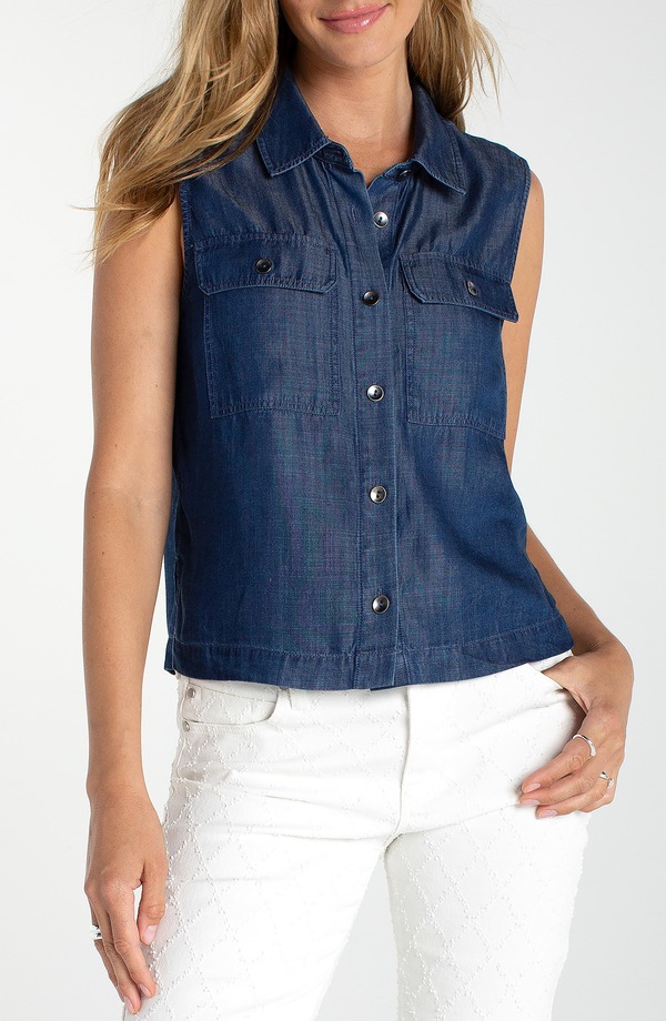 リヴァプール ロサンゼルス レディース トップス シャツ ノースリーブ デニム Liverpoolos Angeles Pocket Sleeveless Crop Denim Shirt Serene Dark デニム｜ReVida 店