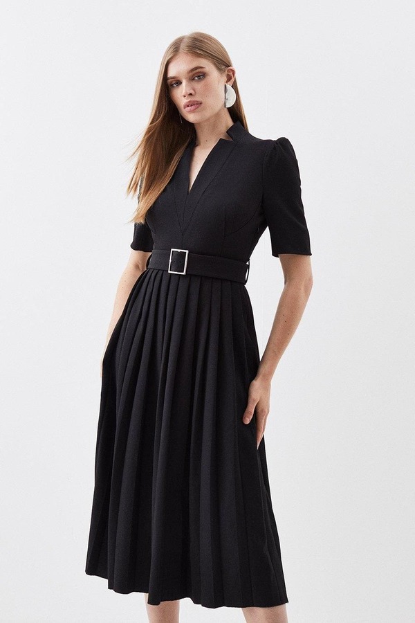 カレンミレン レディース トップス 衣裳 縮緬 MIDI Karen Millen Structured Crepe Belted Midi Dress Black 黒いこと