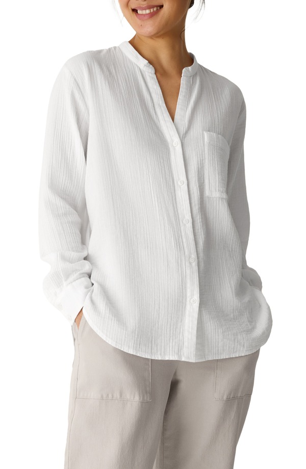 エイリーンフィッシャー レディース トップス シャツ コットン Eileen Fisher Mandarin Collar Textured Organicotton Tunic White ホワイト|ReVida 店