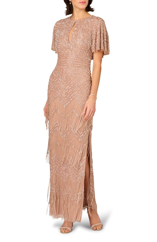 アイダンマットックス レディース トップス 衣装 マキシ フリンジ Aidan Mattox Beaded Fringe Flutter Sleeve Maxi Column Gown Rose Gold ゴールド