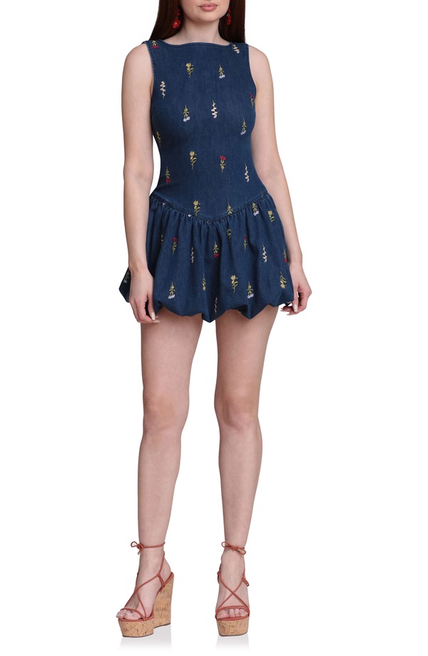 アヴェックレフィーユ レディース ボトムス ジーンズズボン下 ミニ衣裳 ミニ 刺しゅう Avec Les Filles Embroidered Bubble Hem Deniminidress Monarch Botanical ジーンズ